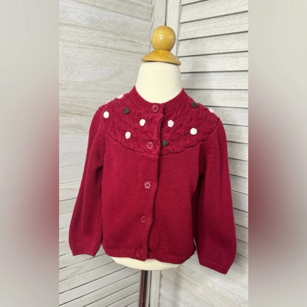 Gymboree Girls Cable Knit Cardigan Sweater Burgundy Maroon Pom Pom Size 2T